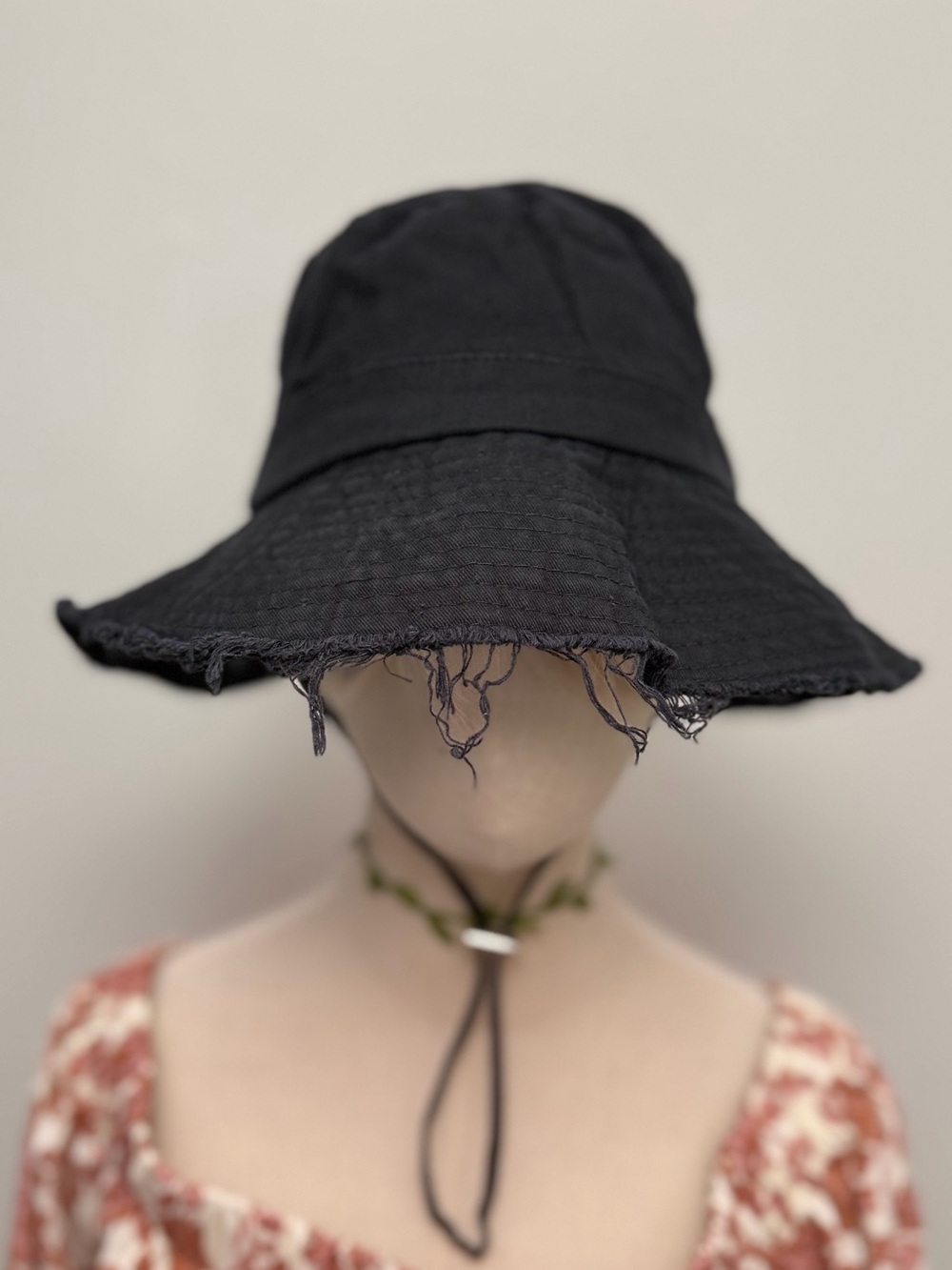 Black Distressed Wide Brim Bucket Hat Adjustable Drawstring Frayed Edge